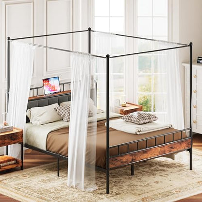 Queen Canopy Bed Frame, Storage Headboard with Charging Station, view 6