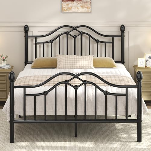 Full Size Metal Bed Frame with Victorian Headboard & Footboard, Black, view 2