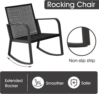 Bistro 3 Piece Patio Furniture Set, Patio Table and Rattan Outdoor Rocking Chairs Set of 2, Outdoor Bistro Conversation Set for, Garden, Balcony, Poolside, Backyard, Beige