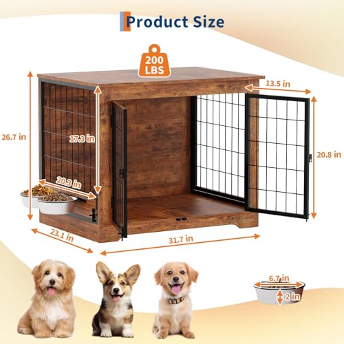 Dog Crate Furniture with 360° Rotatable Bowls, view 3