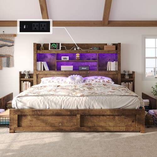 King Bed Frame with Storage, Bookcase Headboard, Rustic Brown, view 2