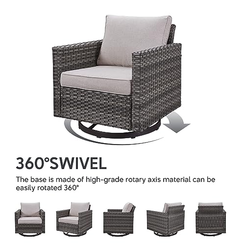 5 Piece Wicker Patio Furniture Set - Outdoor Swivel Rocker Chairs Set with 3 Seat Sofa and Ottomans, Small Patio Conversation Sets Proch Furniture for Balcony Deck - Grey/Beige