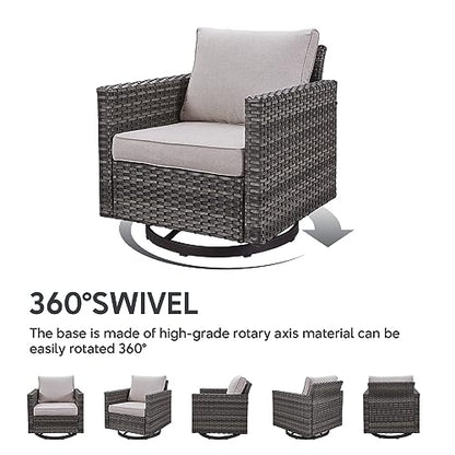 5 Piece Wicker Patio Furniture Set - Outdoor Swivel Rocker Chairs Set with 3 Seat Sofa and Ottomans, Small Patio Conversation Sets Proch Furniture for Balcony Deck - Grey/Beige