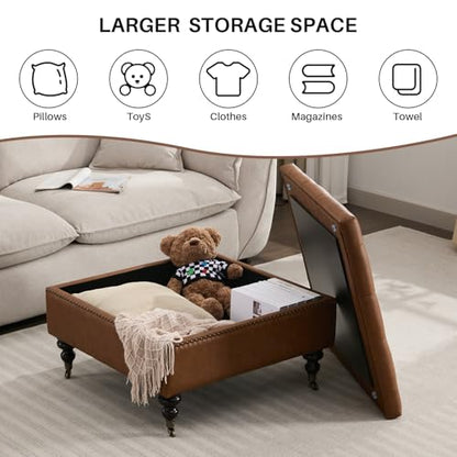 Large Square Storage Ottoman Uphlostered Tufted Button Coffee Table, Oversized Footrest Bench with Castered Rolling Wheels for Living Room, Brown Faux Leather