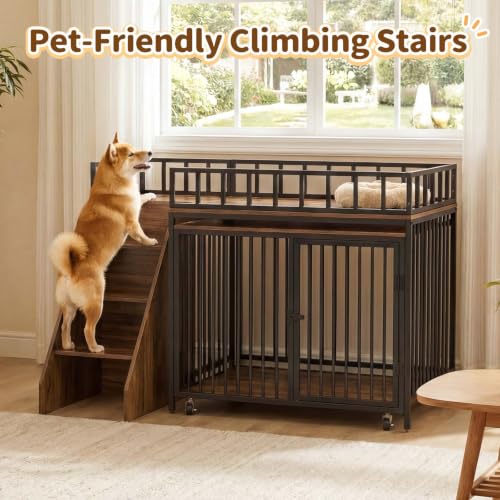 37" Dog Crate Furniture, Wooden Dog Kennel Indoor with Storage (Walnut), view 6