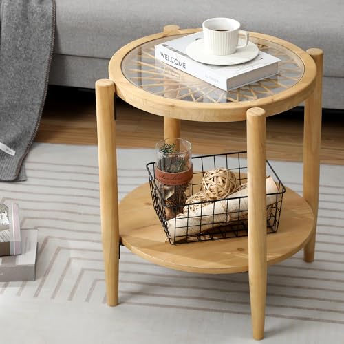 Rattan Nightstands Set of 2,Boho Wood Round Side Tables, 2-Tier Natural End Table with Glass Top and Wood Legs, Sofa Side Table Bedside Table for Living Room Bedroom Couch(Natural)