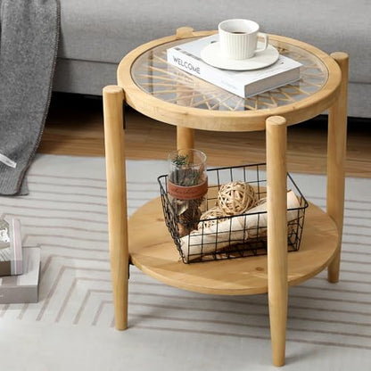 Rattan Nightstands Set of 2,Boho Wood Round Side Tables, 2-Tier Natural End Table with Glass Top and Wood Legs, Sofa Side Table Bedside Table for Living Room Bedroom Couch(Natural)