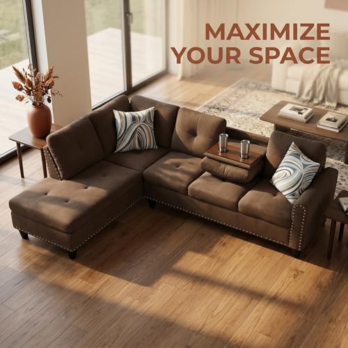 L-Shaped Sectional Sofa, Modern 4-Seat Couch with Built-in Cup Holders, Upholstered Fabric Sectional Couch with Left Facing Chaise for Living Room, Apartment, Office, Brown
