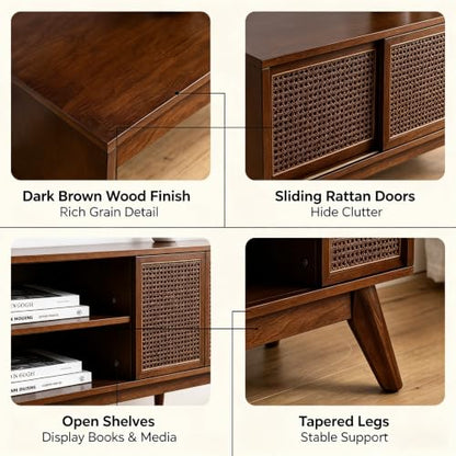 VEADONS 59" Mid Century Rattan TV Stand Dark Wood Media Console for 65 Inch TV, view 6