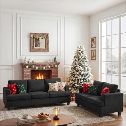 Loveseat & 3 Seater Sofa Sets, 89" Couch Sofa Set for Living Room Furniture, 2 Piece Modern Sleeper Sofa with Deep Seat Cloud Couch for Apartment Lounge, Black Corduroy