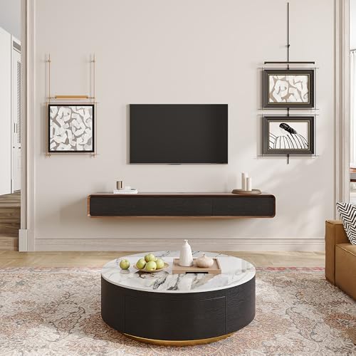 78" Fully Assembled Wood Floating TV Stand, Walnut and Black, view 5