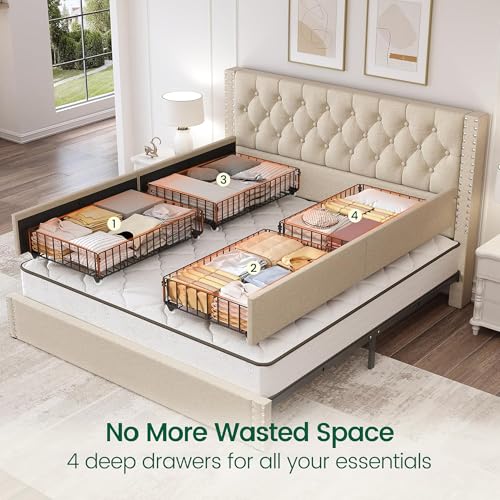 King Size Bed Frame with 4 Storage Drawers and Tufted Headboard Linen, view 5