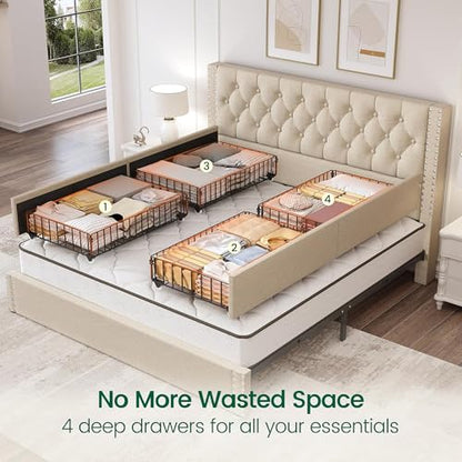 King Size Bed Frame with 4 Storage Drawers and Tufted Headboard Linen, view 5