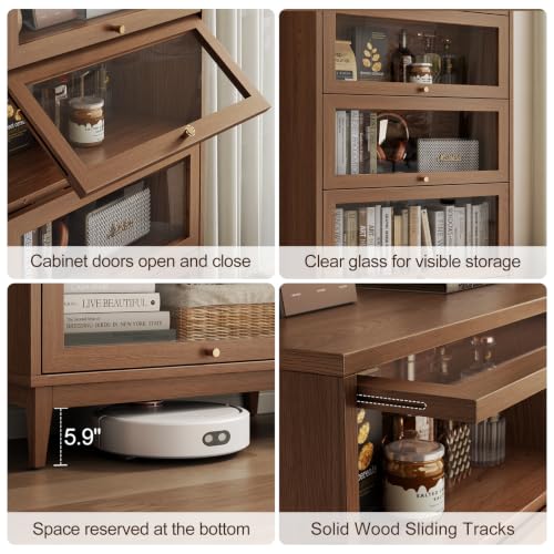 5-Tier Solid Wood Bookcase with Glass Doors, mid-Century Tall Bookshelf, view 6
