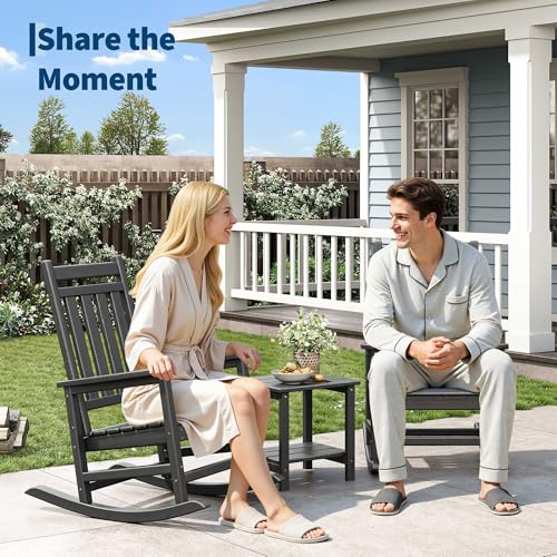 HDPE Rocking Chair Outdoor Set of 2 with Side Table - Poly High Back Porch Rocker Chairs for Adults - All Weather Resistant Furniture for Patio Front Porch - Black