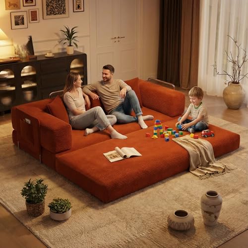 78.8'' Boneless Sleeper Sofa Bed,Convertible Futon Couch with Storage Pocket and 2 Pillows,Modular Corduroy Sofa for livingroom,Small speace,Orange