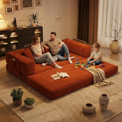 78.8'' Boneless Sleeper Sofa Bed,Convertible Futon Couch with Storage Pocket and 2 Pillows,Modular Corduroy Sofa for livingroom,Small speace,Orange