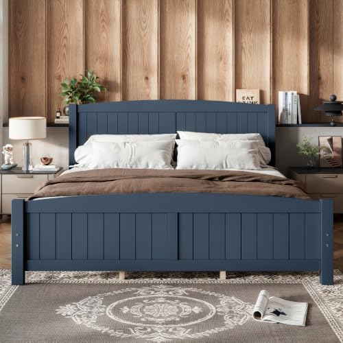 King Size Farmhouse Bed Frame with Headboard & Footboard, Blue Wood Bed, view 2