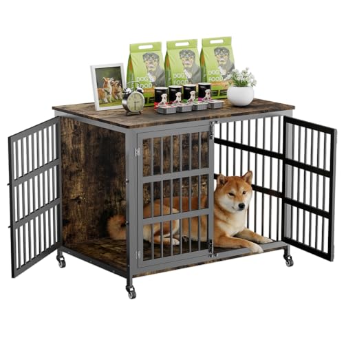 41" Large Dog Crate Furniture with Wheels, Dog Kennel, view 2
