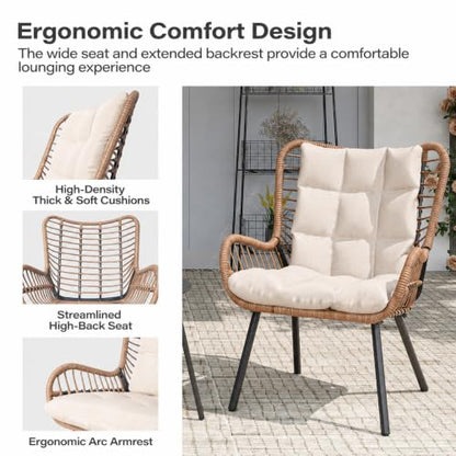 3 Piece Outdoor Bistro Set, Small Patio Furniture Set with Coffee Table and Thick Cushions, Front Porch Furniture for Lawn, Garden, Balcony, Poolside, White