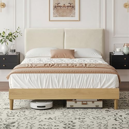 Queen Bed Frame Upholstered Platform Beds with Height-Adjustable Cotton, view 2