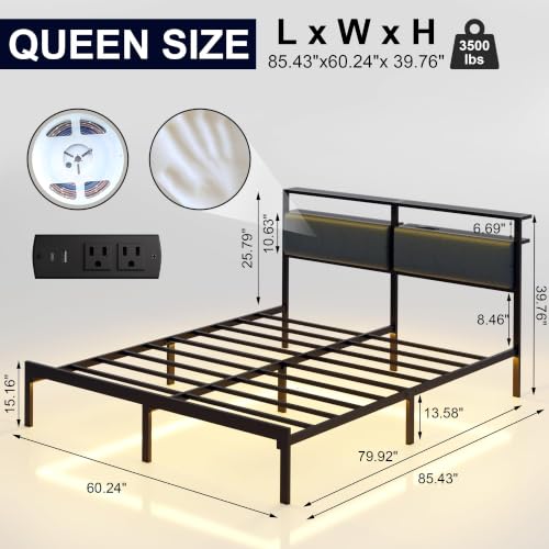 Queen Bed Frame with LED Lights & Charging Station, view 3