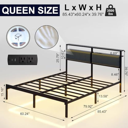 Queen Bed Frame with LED Lights & Charging Station, view 3