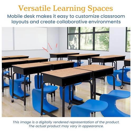 Mobile Open Front Desk with Metal Storage Book Box, Classroom Furniture, Oak