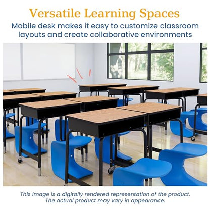 Mobile Open Front Desk with Metal Storage Book Box, Classroom Furniture, Oak