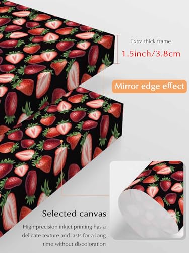 NuYeBiofx Summer Strawberry on Black Canvas Wall Art Prints,48"x32" Framed Picture Artwork Farmhouse Fruit Seamless Printed Canvas Oil Painting for Living Room Bedroom Office,Ready to Hang