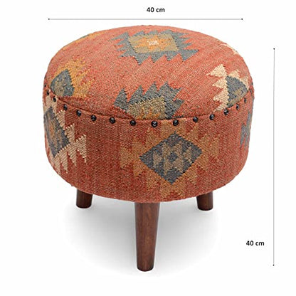 Handmade Kilim Jute Pouf Ottoman Stool | Round Upholstered Seating with Acacia Wood Legs | Decorative Foot Rest for Living Room, Bedroom, Reading Room & Lounge (Red)