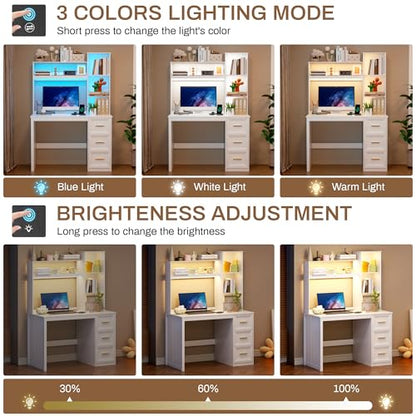40” Home Office Desk with Hutch and Drawers, Computer Desk with Power Outlets and LED Light, Study Writing Gaming Table with Storage Shelves, Workstation for Bedroom, White