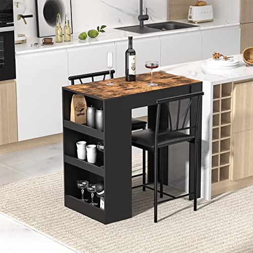 Small Bar Table and Chairs Tall Kitchen Breakfast Nook with Stools/Dining Set for 2, Storage Shelves, Space-Saving, Retro