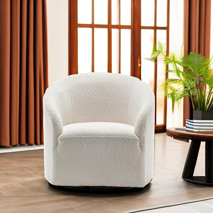 32" Wide Modern Boucle Swivel Barrel Chair, No Assembly Round Upholstered Swivel Accent Armchair for Living Room, Bedroom, Office (White)