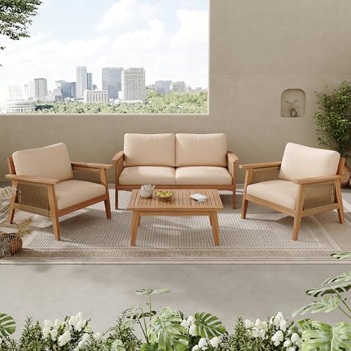 Lorna 4-Seater Patio Furniture Set with Removable Cushion, 4 Piece Outdoor Acacia Wood Conversation Set, Sold Wood Outdoor Sectional Sofa Set with Coffee Table, Teak+Beige