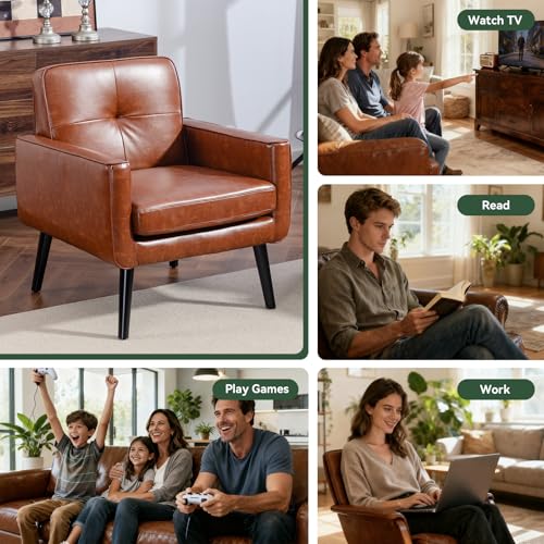 Mid Century Accent Chair, PU Leather Modern Chair with Wooden Frame, Cozy Armchair Reading Chair with Comfy Back for Apartment, Living Room, Bedroom, Small Space, Corner, Brown