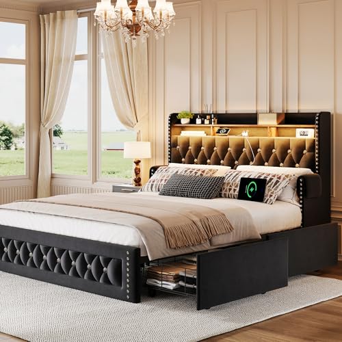 Full Size Bed Frame with 4 Storage Drawers, view 4