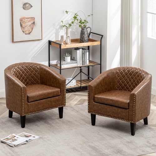 29" W Faux Leather Barrel Chairs Set of 2, Modern PU Upholstered Tufted Club Chairs with Nailhead Trim, Small Armchairs Accent Chairs for Living Room Bedroom Apartment Lounge Nursery, Coffee