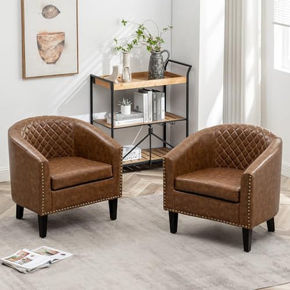 29" W Faux Leather Barrel Chairs Set of 2, Modern PU Upholstered Tufted Club Chairs with Nailhead Trim, Small Armchairs Accent Chairs for Living Room Bedroom Apartment Lounge Nursery, Coffee