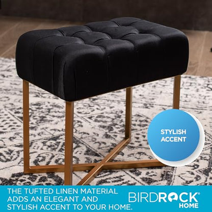Rectangle Tufted Linen Ottoman Foot Rest - 19.7x11.82x17.73” Small Foot Stool with Legs - Padded Footrest Modern Ottomans for Living Room Furniture, Bedroom Footstool (Black)
