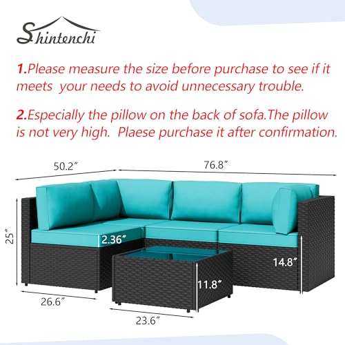 5 Pieces Outdoor Patio Sectional Sofa Couch, Black PE Wicker Furniture Sets, Patio Conversation Sets with Washable Cushions Glass Coffee Table for Garden, Poolside, Backyard,Blue