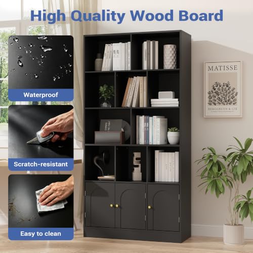 71" Tall Bookshelf with 10 Cubes and 3 Doors, 4-Tier Bookshelf, Open Shelf Bookcase with Cabinet, Modern Cube Storage Organizer for Living Room, and Office, Black