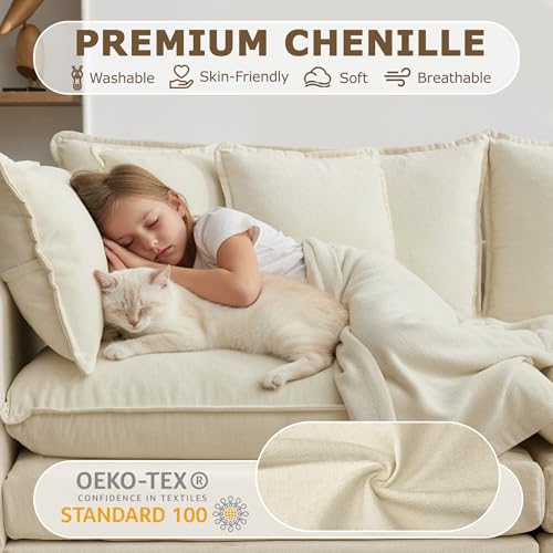 113” Modular Sectional Sofa, L Shaped Cloud Couch with Movable Ottoman, Comfy Chenille Deep Seat Sofa with Throw Pillows, 4 Seat Modern Couches for Living Room Bedroom Apartment, Beige