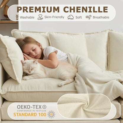 113” Modular Sectional Sofa, L Shaped Cloud Couch with Movable Ottoman, Comfy Chenille Deep Seat Sofa with Throw Pillows, 4 Seat Modern Couches for Living Room Bedroom Apartment, Beige
