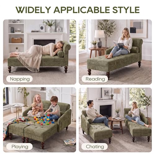 Chaise Lounge Chair Indoor with Right Armrest, Chenille, Green, view 6