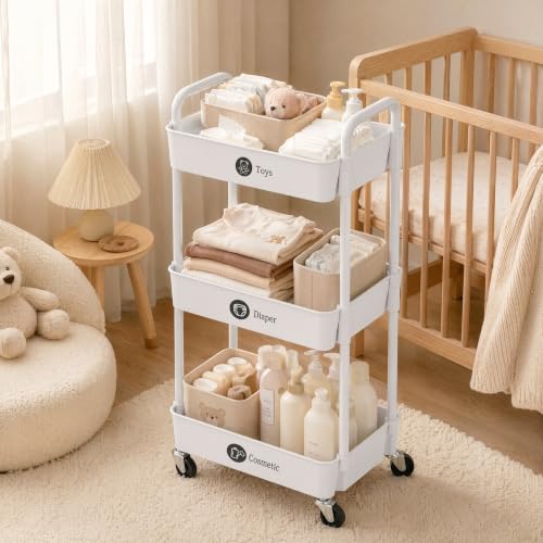 3 Tier Rolling Cart with Wheels, Utility Storage Carts,White, view 3