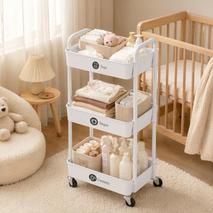 3 Tier Rolling Cart with Wheels, Utility Storage Carts,White, view 3