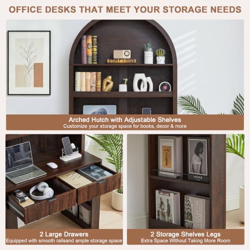 Arched Office Desk with Hutch, Dark Walnut, Desktop 39.4" Wx 19.7"D, view 7