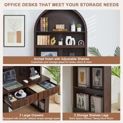 Arched Office Desk with Hutch, Dark Walnut, Desktop 39.4" Wx 19.7"D, view 7
