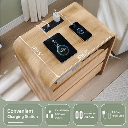 25" Tall Modern Nightstand with Charging Station, 23.6'' Wide Wood Bedside Table w/2 Storage Drawers, Large Mid Century End Table for Bedroom, Living Room, Curved Profile Design,Natural Oak